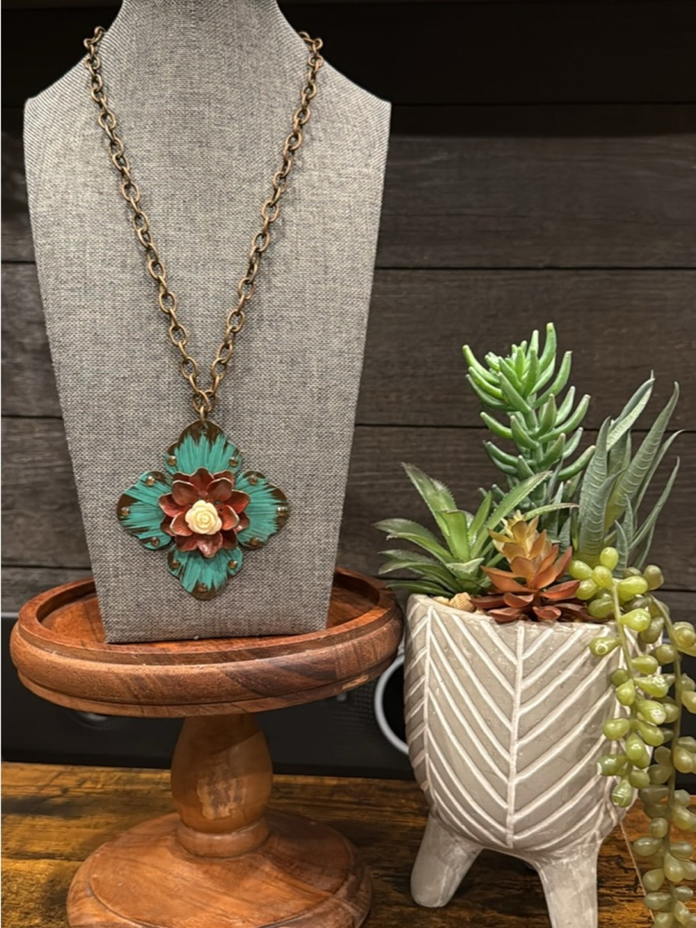 Floral Multi-Layer Pendant Necklace in Turquoise & Copper